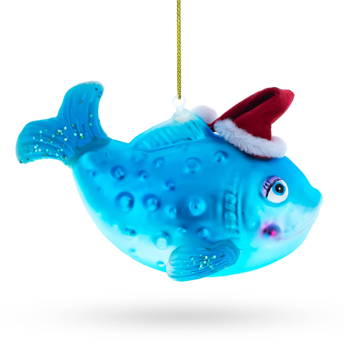 Fish in the Santa Hat Blown Glass Christmas Ornament