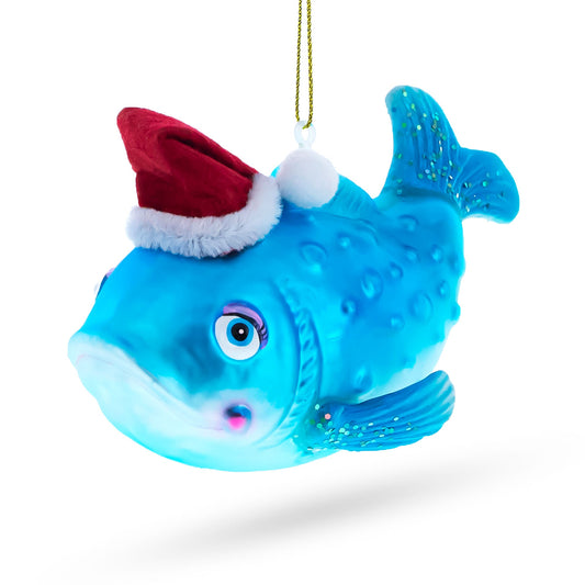 Fish in the Santa Hat Blown Glass Christmas Ornament