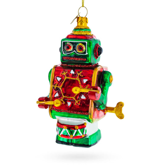 Robot-Drummer Blown Glass Christmas Ornament