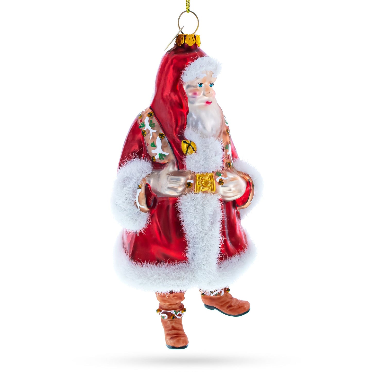 Classic Santa in Fur Coat and Red Hat Blown Glass Christmas Ornament