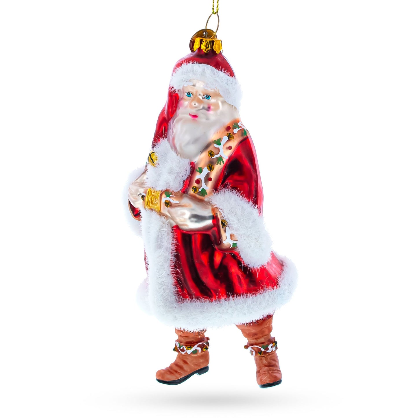 Classic Santa in Fur Coat and Red Hat Blown Glass Christmas Ornament