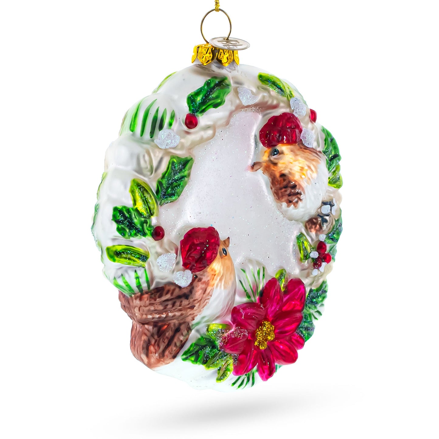 Birds on a Wreath Blown Glass Christmas Ornament