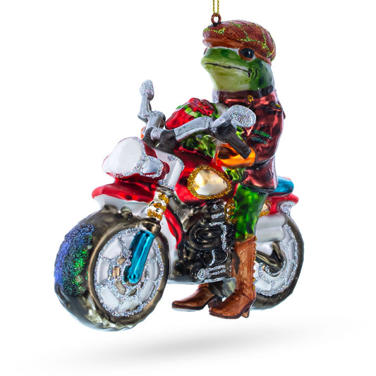 Fashionable Frog Riding Motorcycle Glass Christmas Ornament