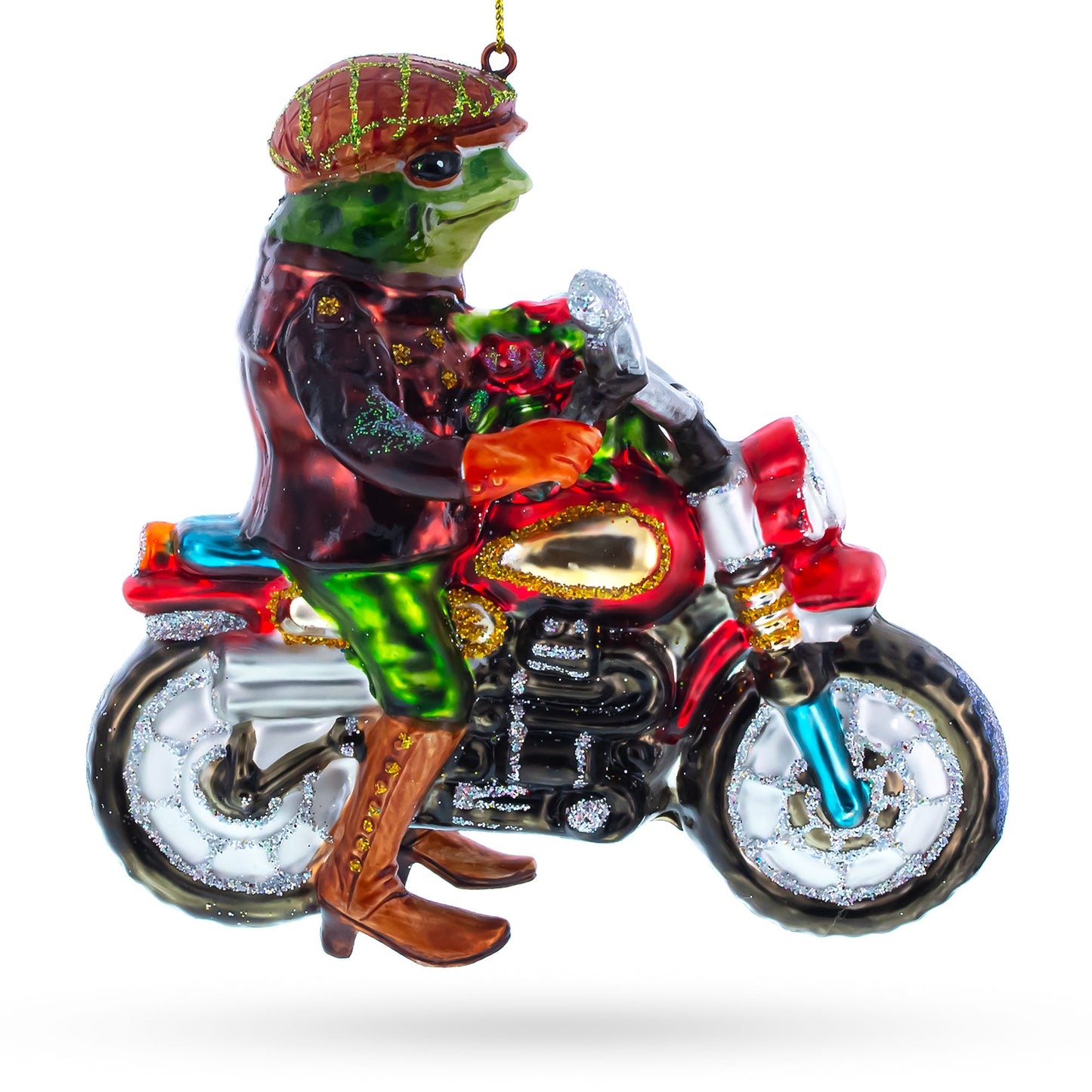 Fashionable Frog Riding Motorcycle Glass Christmas Ornament