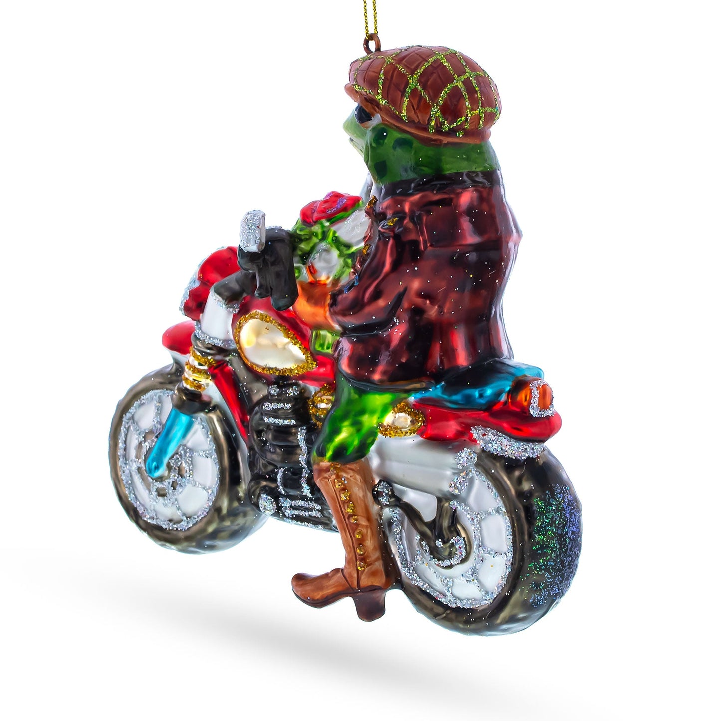 Fashionable Frog Riding Motorcycle Glass Christmas Ornament