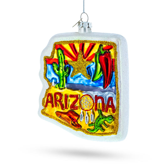 Arizona State Map and Symbols Blown Glass Christmas Ornament