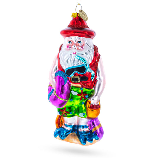 Tropical Diver Santa on the Beach Glass Christmas Ornament