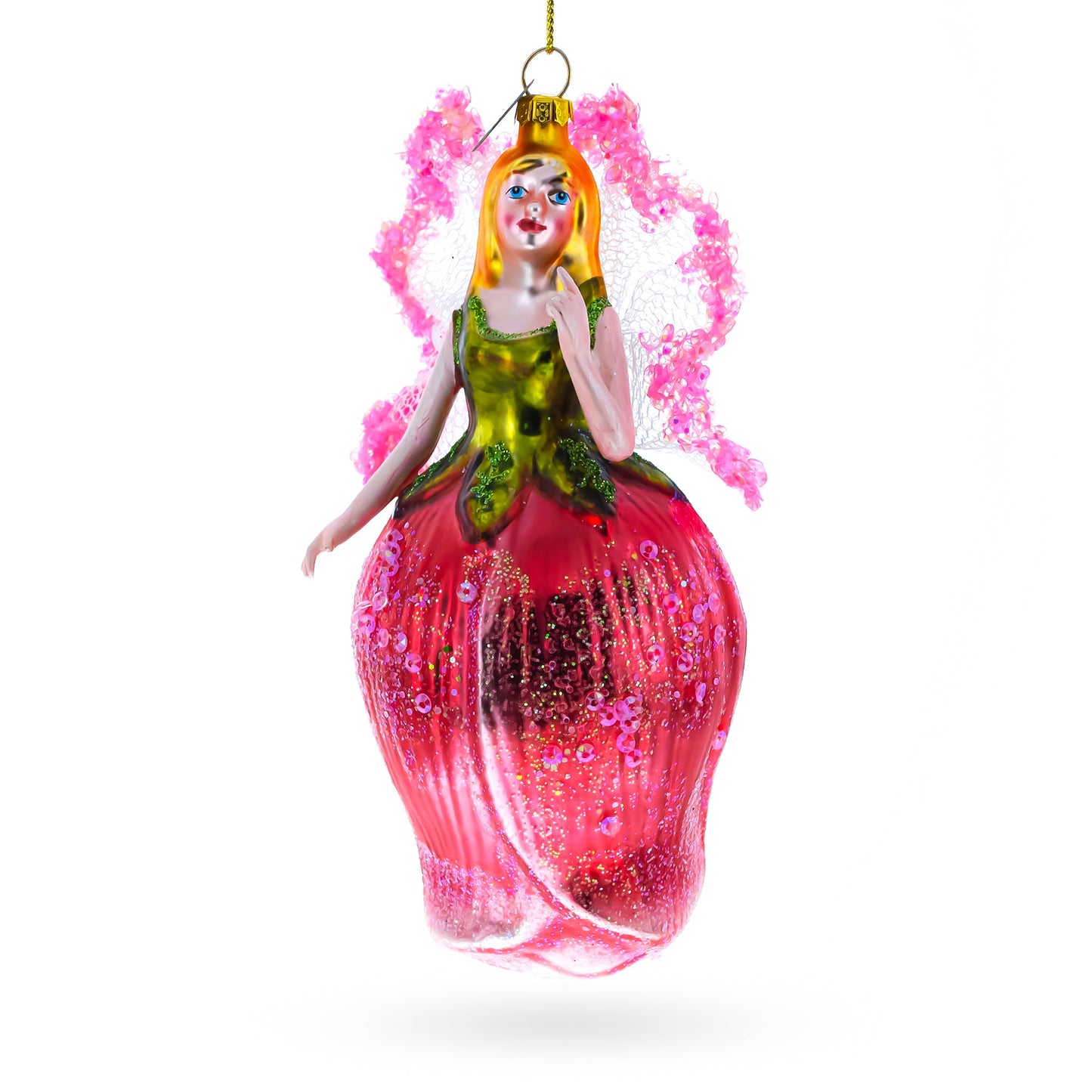 Enchanting Fairy in a Rose Dress Glass Christmas Ornament