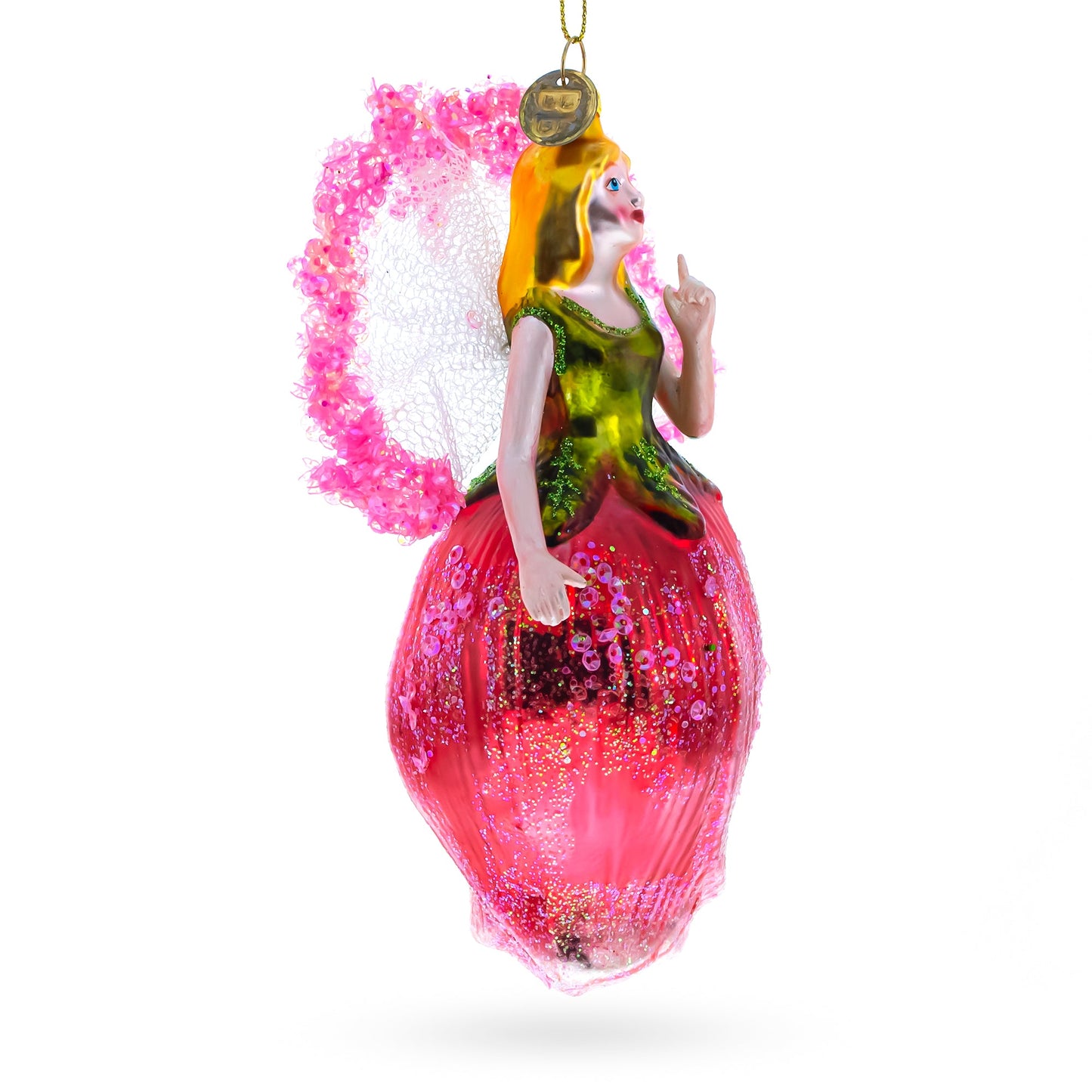 Enchanting Fairy in a Rose Dress Glass Christmas Ornament