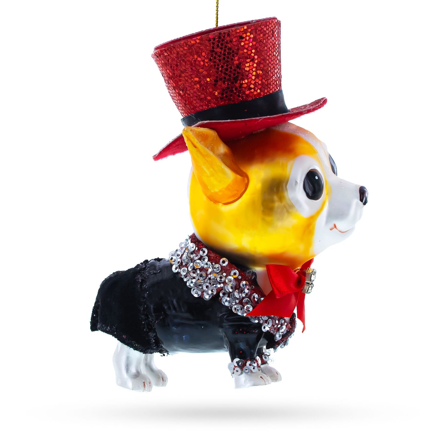 Dapper Corgi in Top Hat Blown Glass Christmas Ornament