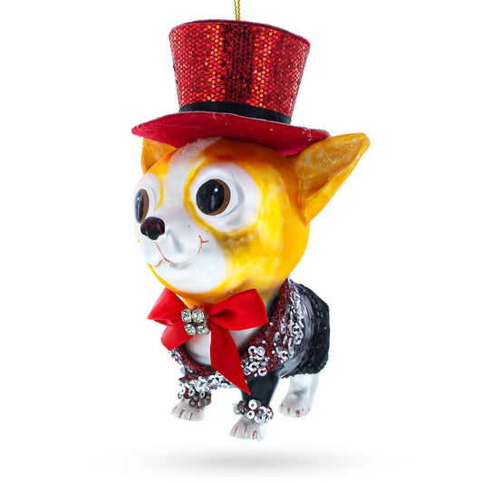 Dapper Corgi in Top Hat Blown Glass Christmas Ornament