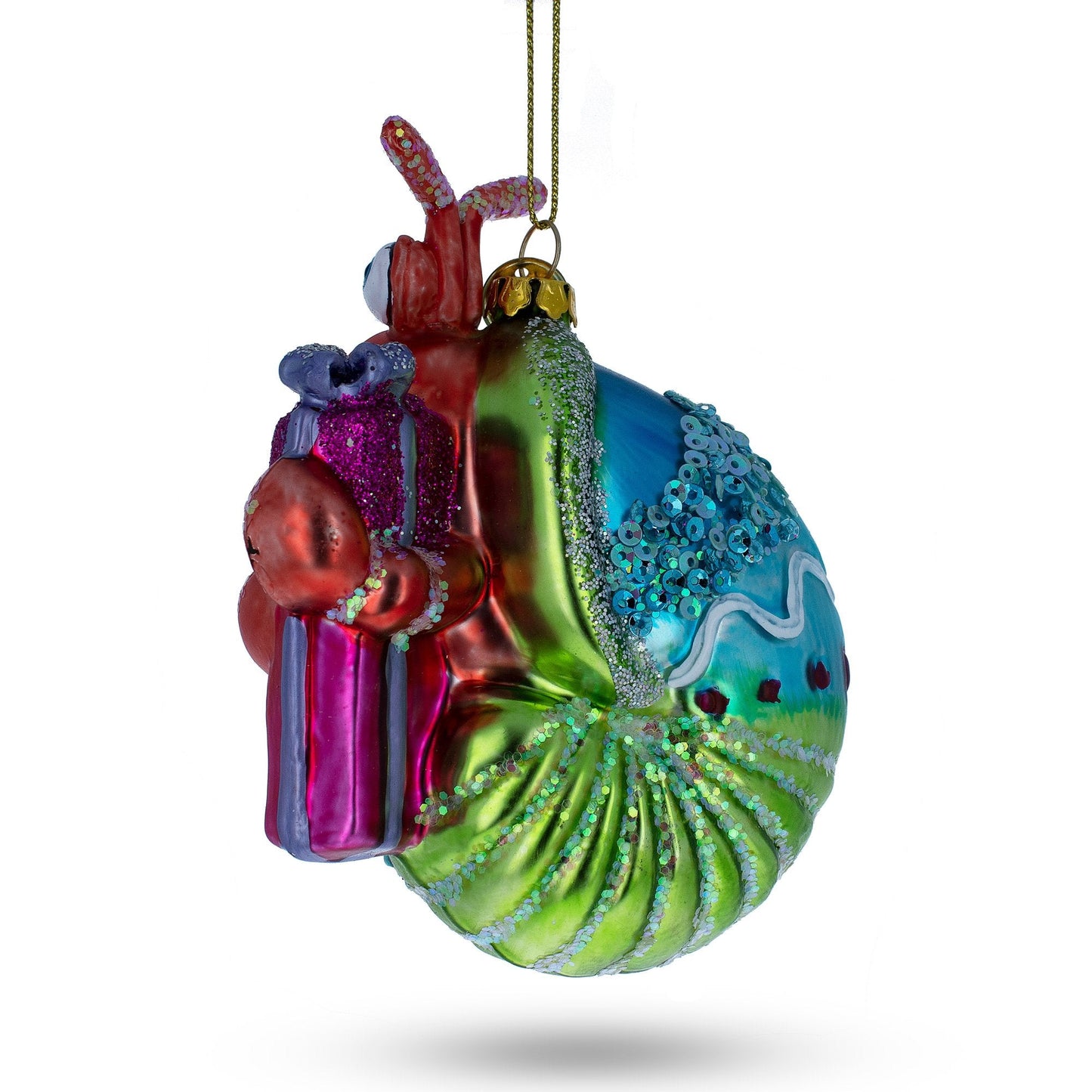 Cheerful Shrimp with Gifts Blown Glass Christmas Ornament