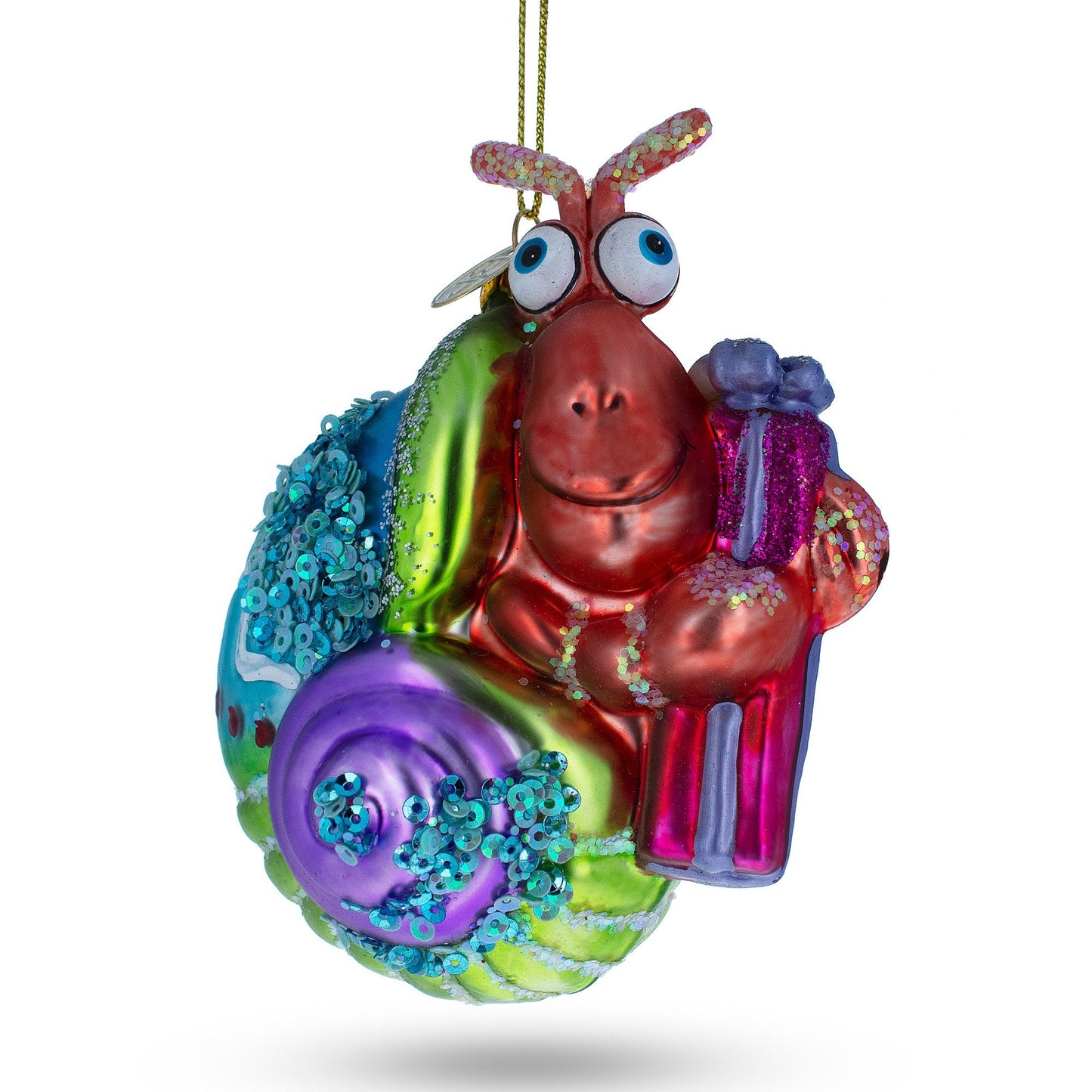 Cheerful Shrimp with Gifts Blown Glass Christmas Ornament