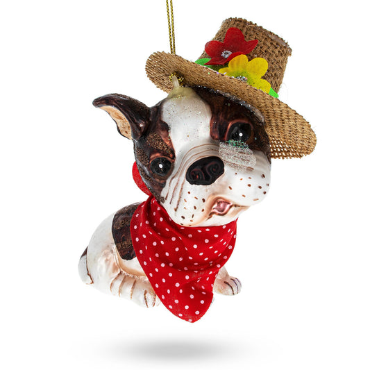 Dapper Boston Terrier in Hat Blown Glass Christmas Ornament