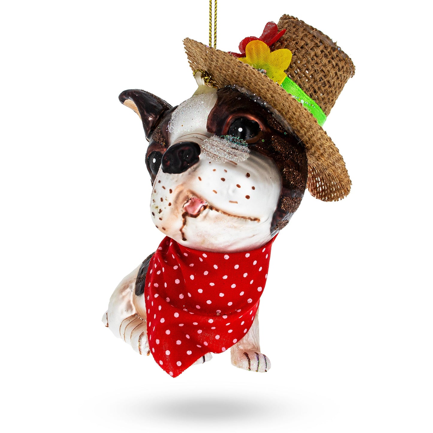 Dapper Boston Terrier in Hat Blown Glass Christmas Ornament