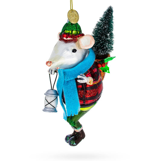 Whimsical Mouse Carrying Lantern Glass Christmas Ornament