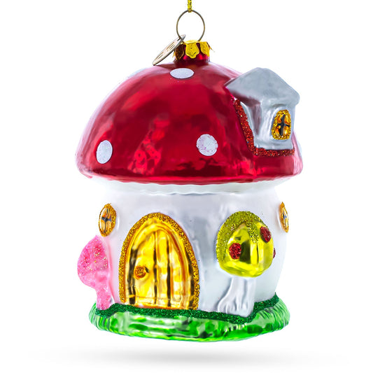 Whimsical Fairy Tale Mushroom House Glass Christmas Ornament