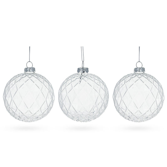 Trio of Ribbed Clear Blown Glass Ball Christmas Ornaments 3.5 Inches