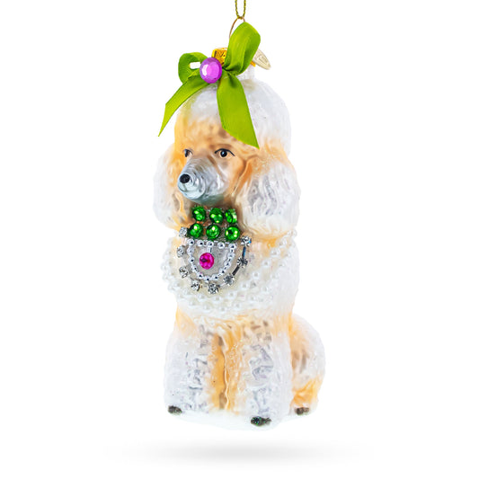 Elegant Poodle with Green Bow Blown Glass Christmas Ornament