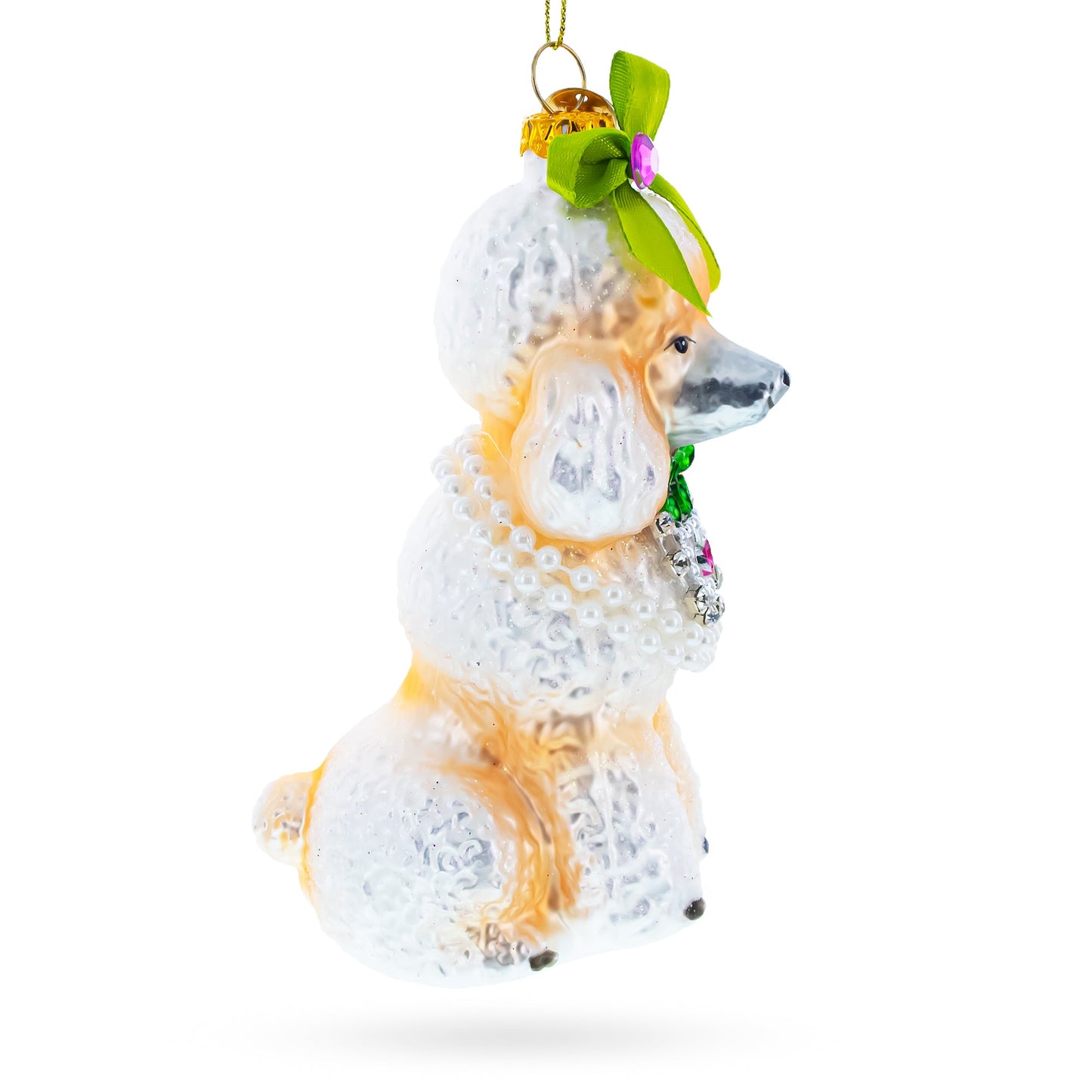 Elegant Poodle with Green Bow Blown Glass Christmas Ornament