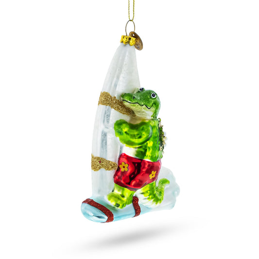 Whimsical Alligator Windsurfer Glass Christmas Ornament