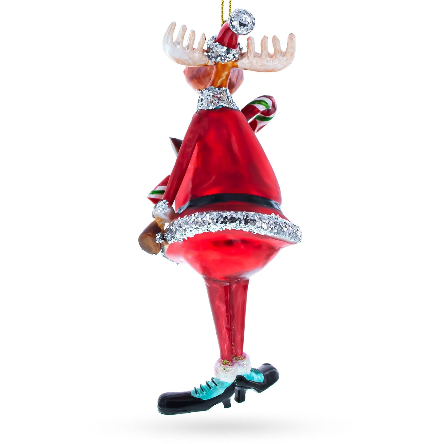 Chubby Moose with Candy Cane Blown Glass Christmas Ornament