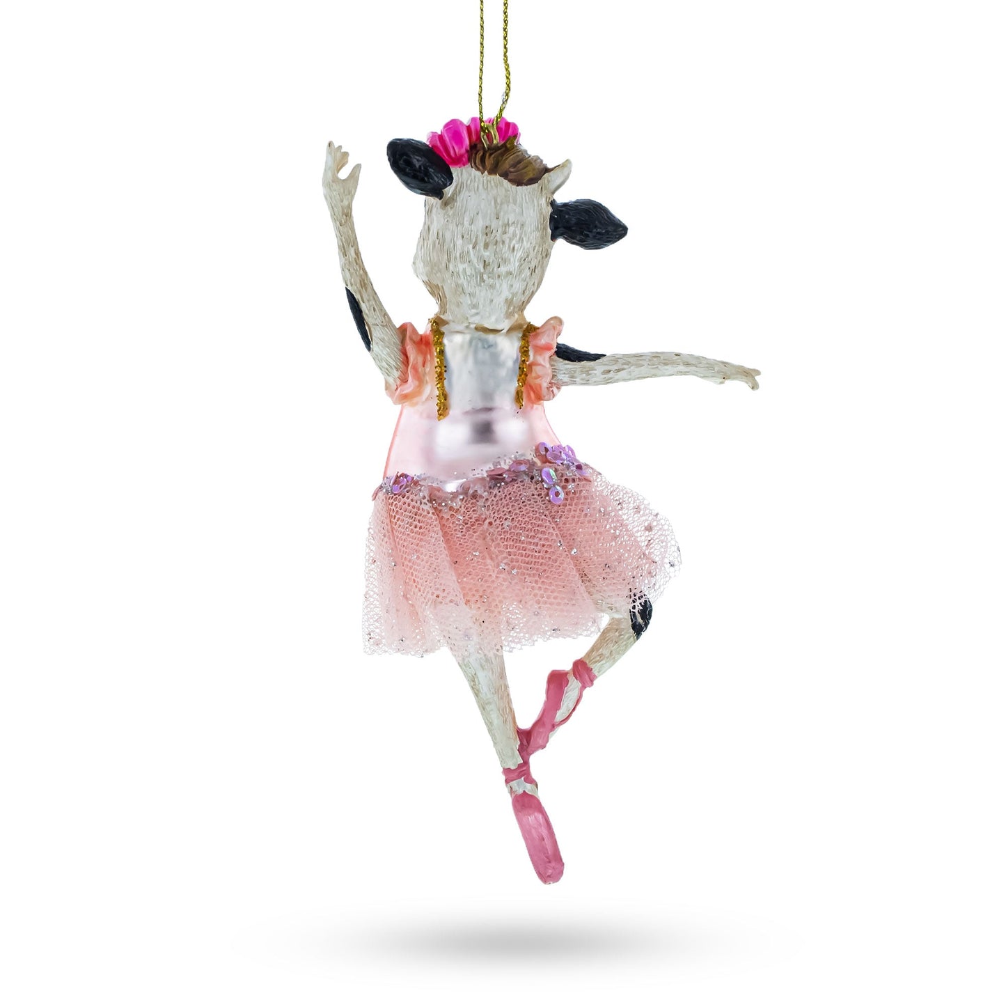 Enchanting Ballerina Cow in Tutu Dancing Blown Glass Christmas Ornament