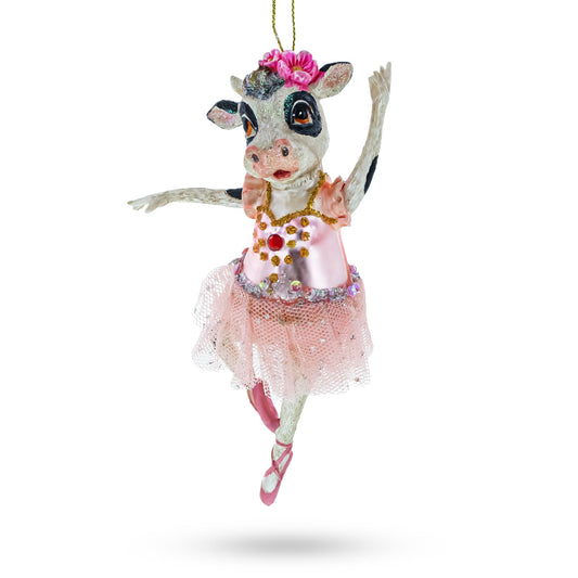 Enchanting Ballerina Cow in Tutu Dancing Blown Glass Christmas Ornament