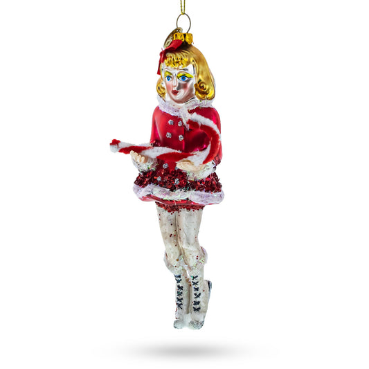 Twirling Ice Skater: Girl with Candy Cane Blown Glass Christmas Ornament