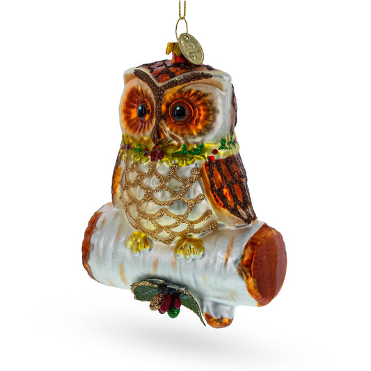 Wise Owl Perched on Branch Blown Glass Christmas Ornament