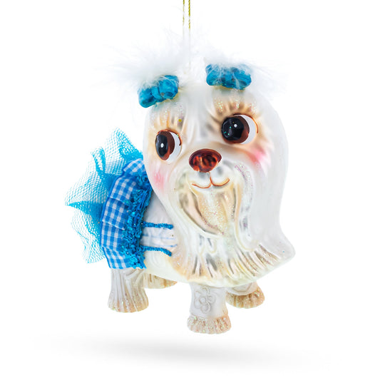 Charming Yorkshire Terrier in Blue Outfit Blown Glass Christmas Ornament