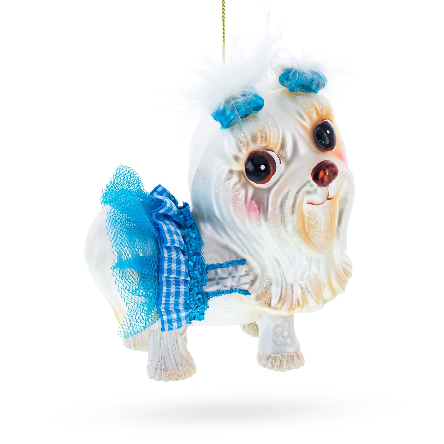 Charming Yorkshire Terrier in Blue Outfit Blown Glass Christmas Ornament