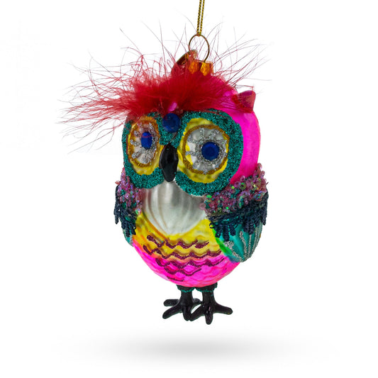 Vibrant Colorful Owl Blown Glass Christmas Ornament