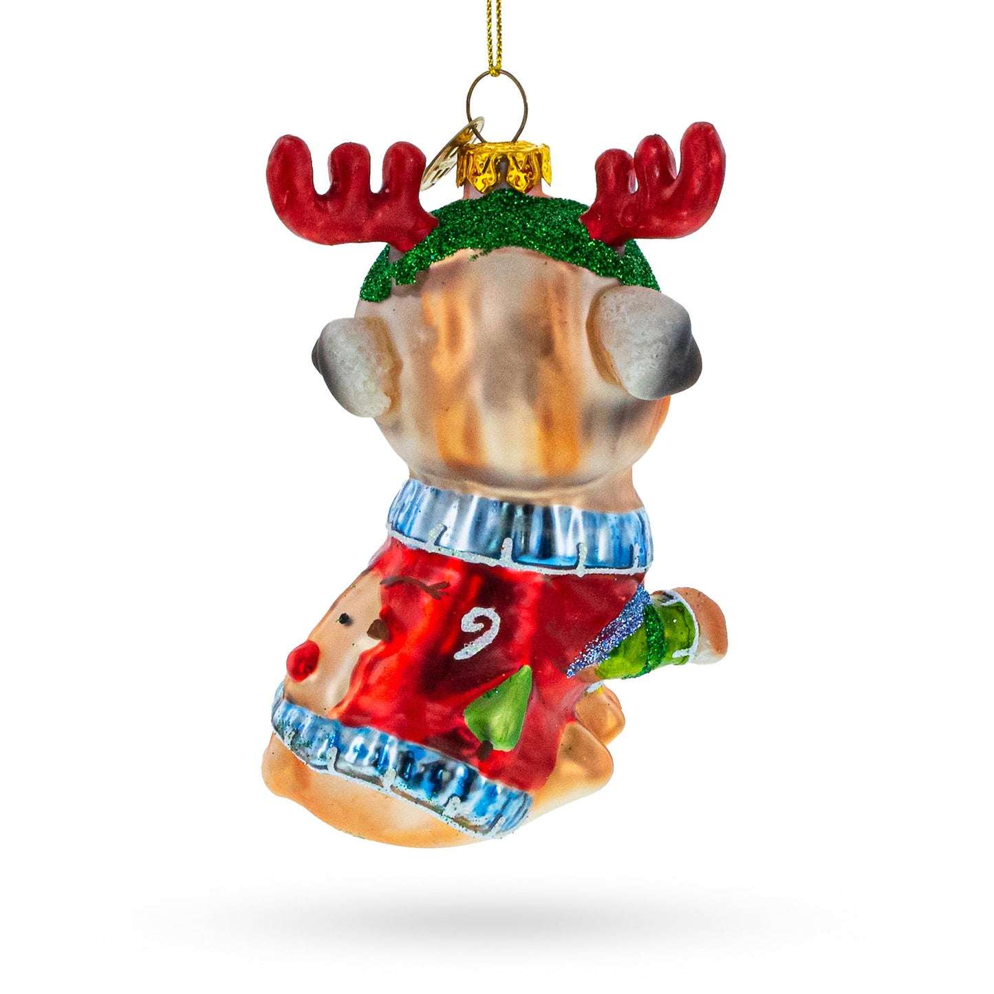 Pug Wearing Reindeer Antlers Blown Glass Christmas Ornament