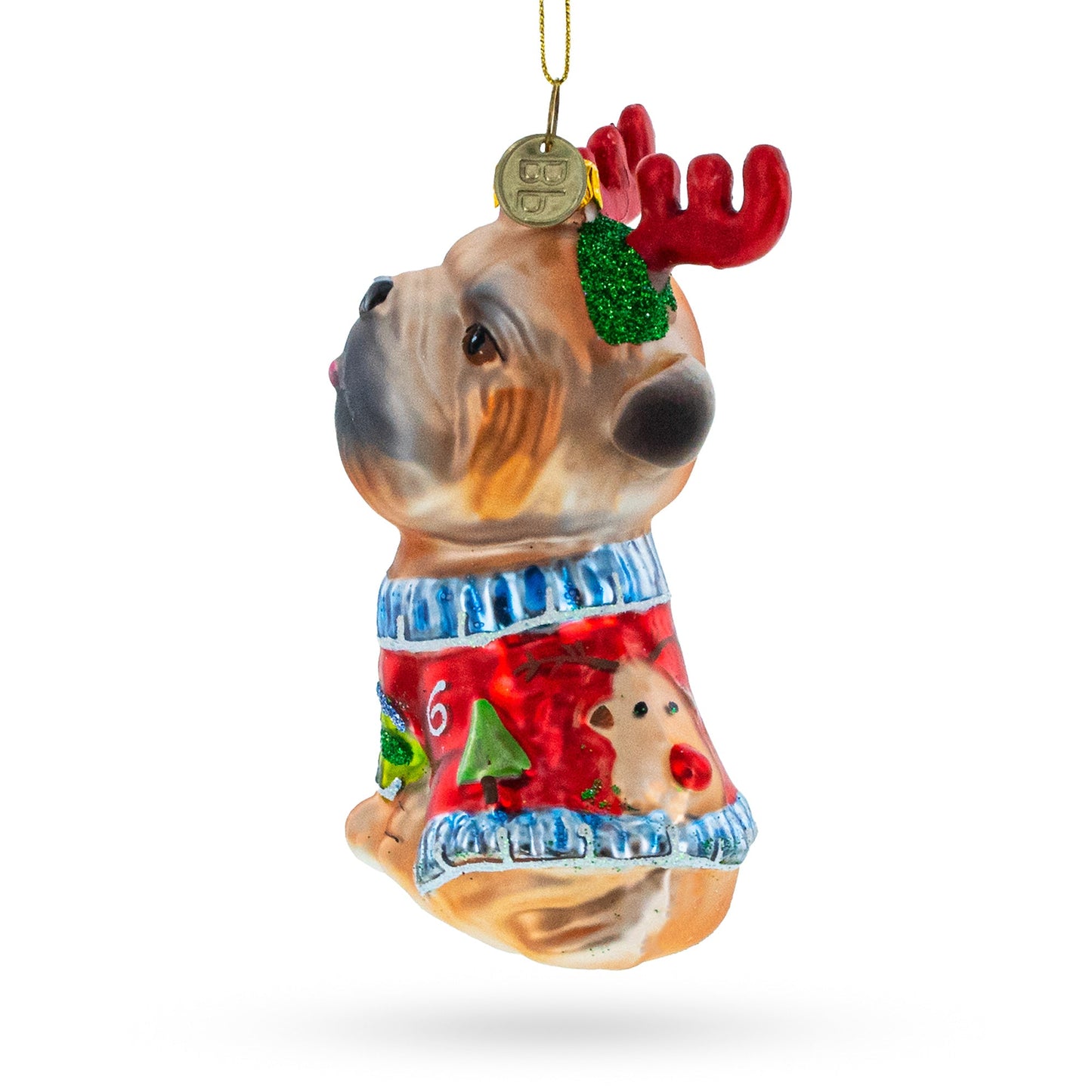 Pug Wearing Reindeer Antlers Blown Glass Christmas Ornament