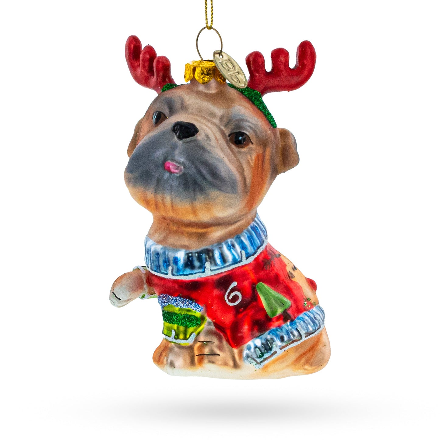 Pug Wearing Reindeer Antlers Blown Glass Christmas Ornament