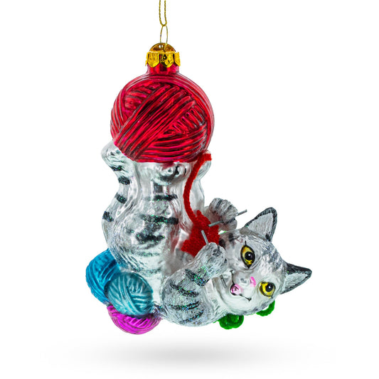 Whimsical Kitten Tangled in Yarn Balls Blown Glass Christmas Ornament