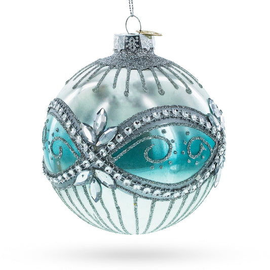 Elegant Silver and Blue Jeweled Blown Glass Ball Christmas Ornament