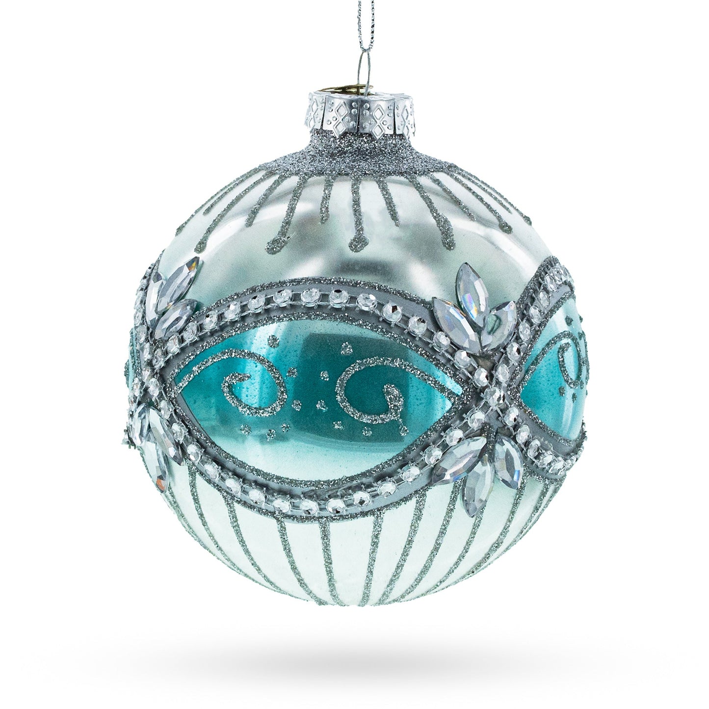 Elegant Silver and Blue Jeweled Blown Glass Ball Christmas Ornament