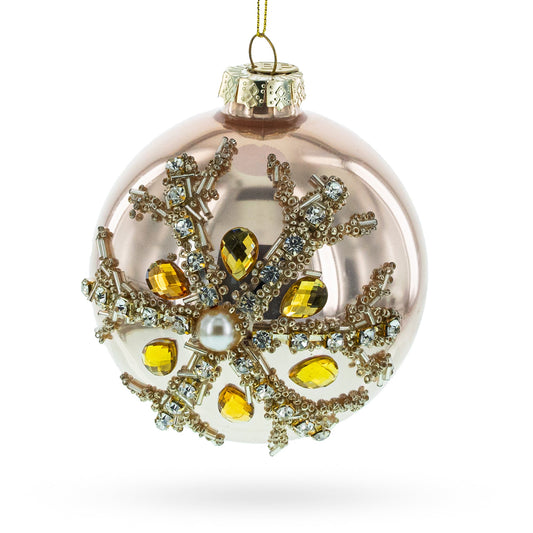 Rose Gold and Yellow Bejeweled Glass Egg Christmas Ornament