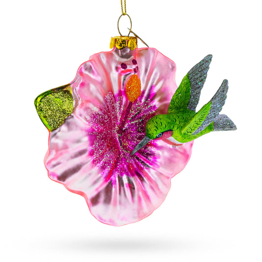 Vibrant Hummingbird with Hibiscus Glass Christmas Ornament