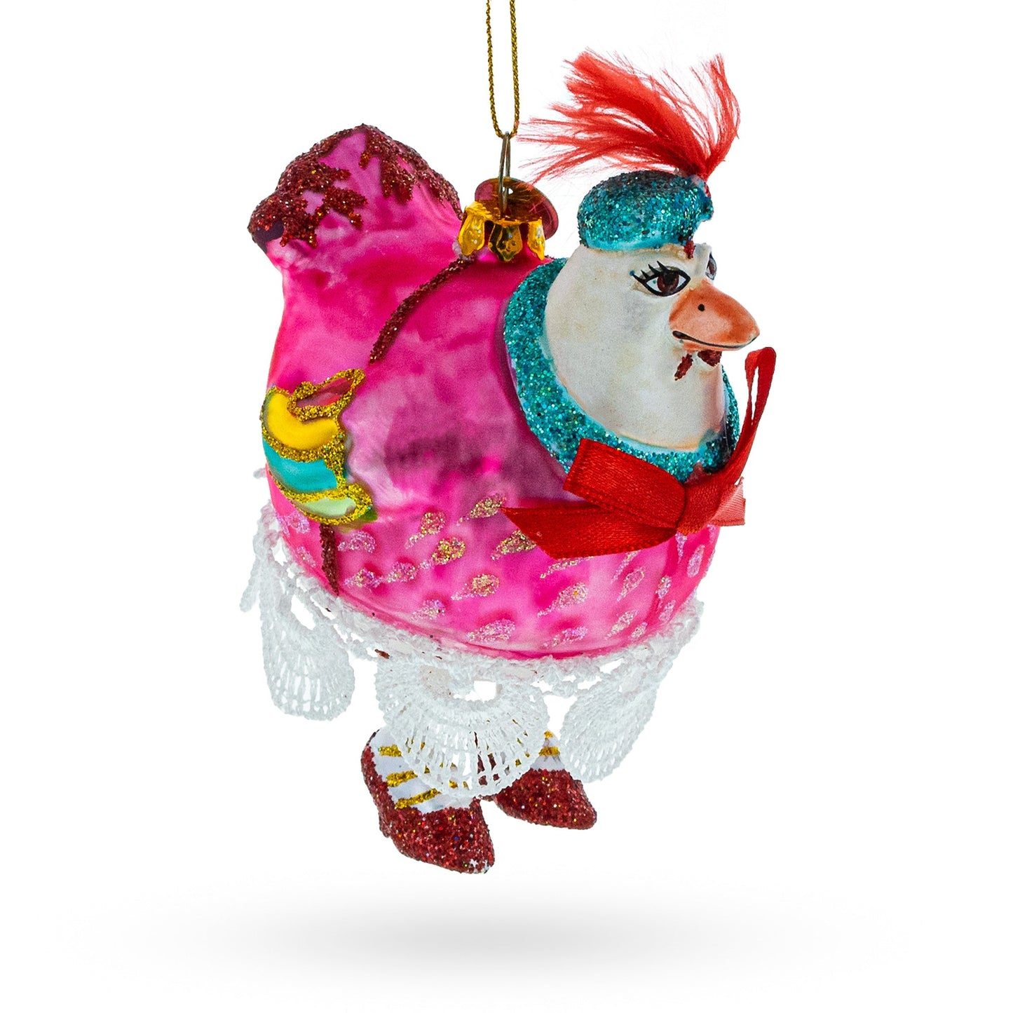 Quirky Hen in Pink Dress Blown Glass Christmas Ornament