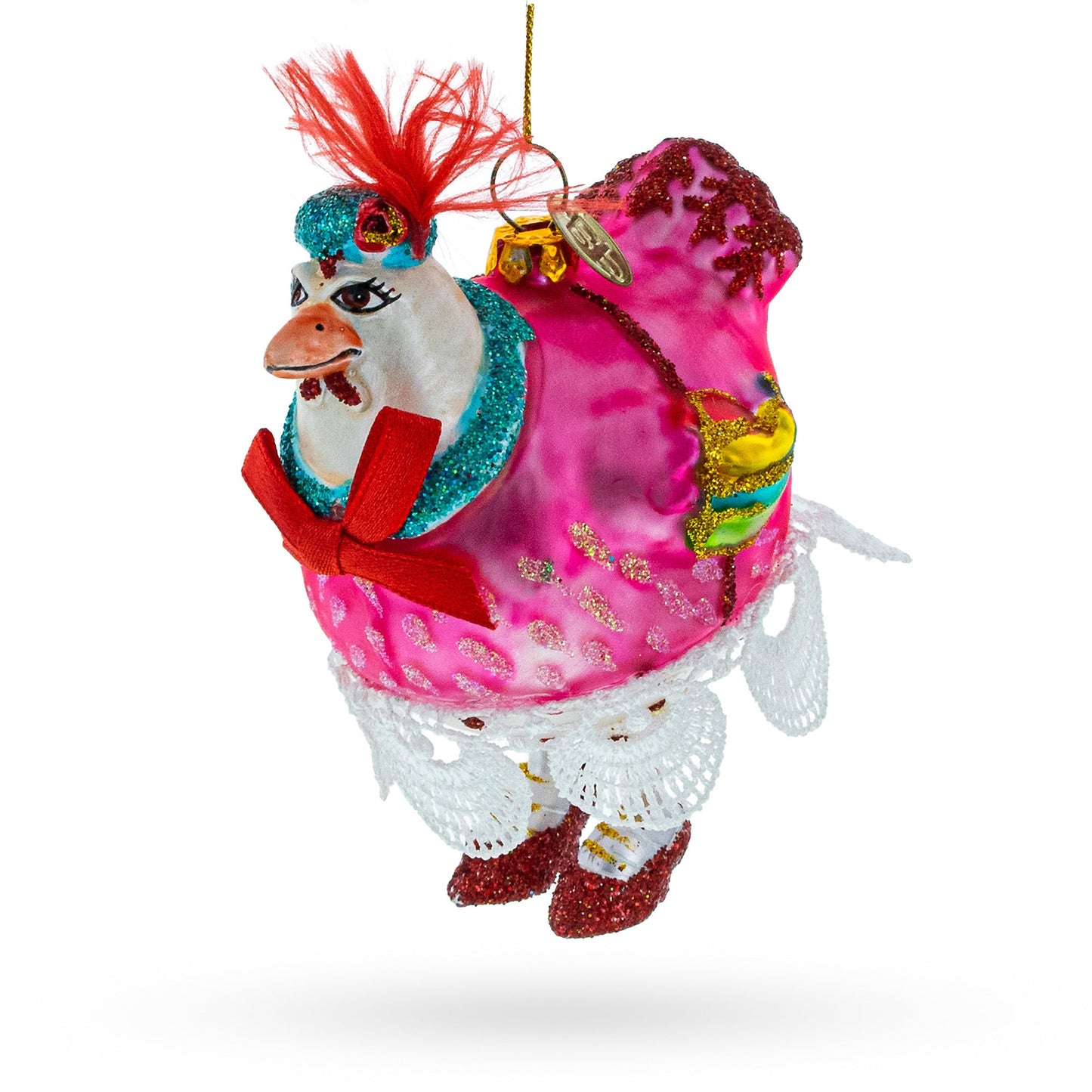 Quirky Hen in Pink Dress Blown Glass Christmas Ornament