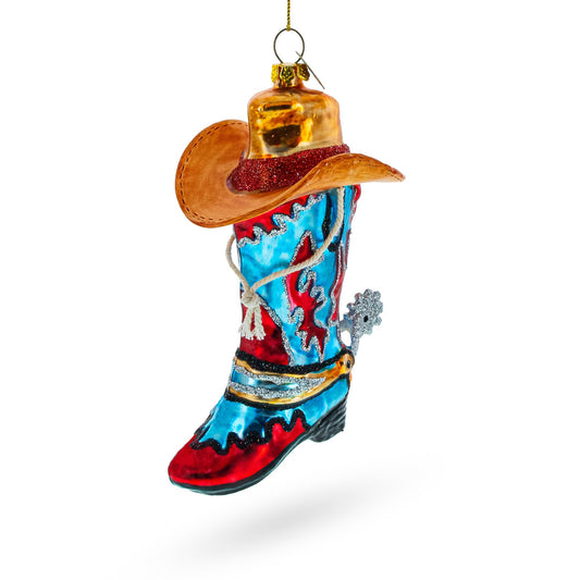 Western Cowboy Boot with a Hat Glass Christmas Ornament