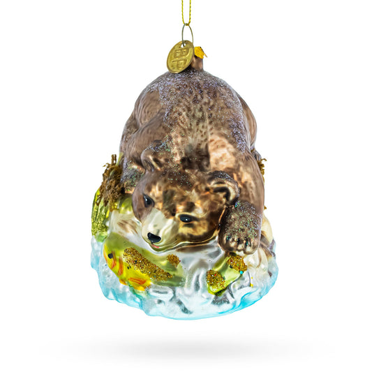 Wild Bear Catching Salmon Blown Glass Christmas Ornament