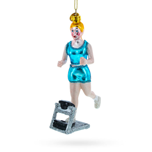 Treadmill Runner Fitness Girl Blown Glass Christmas Ornament