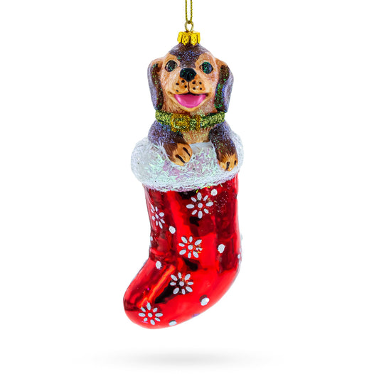 Puppy Nestled in Red Christmas Stocking Blown Glass Christmas Ornament