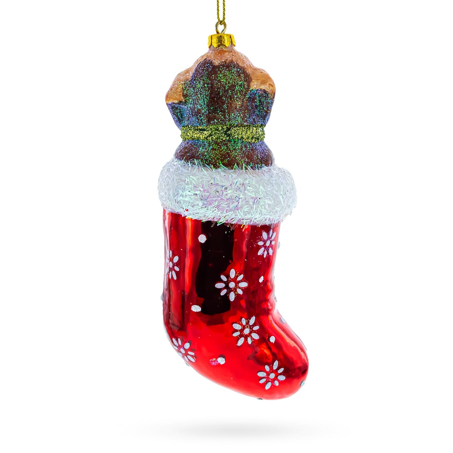 Puppy Nestled in Red Christmas Stocking Blown Glass Christmas Ornament