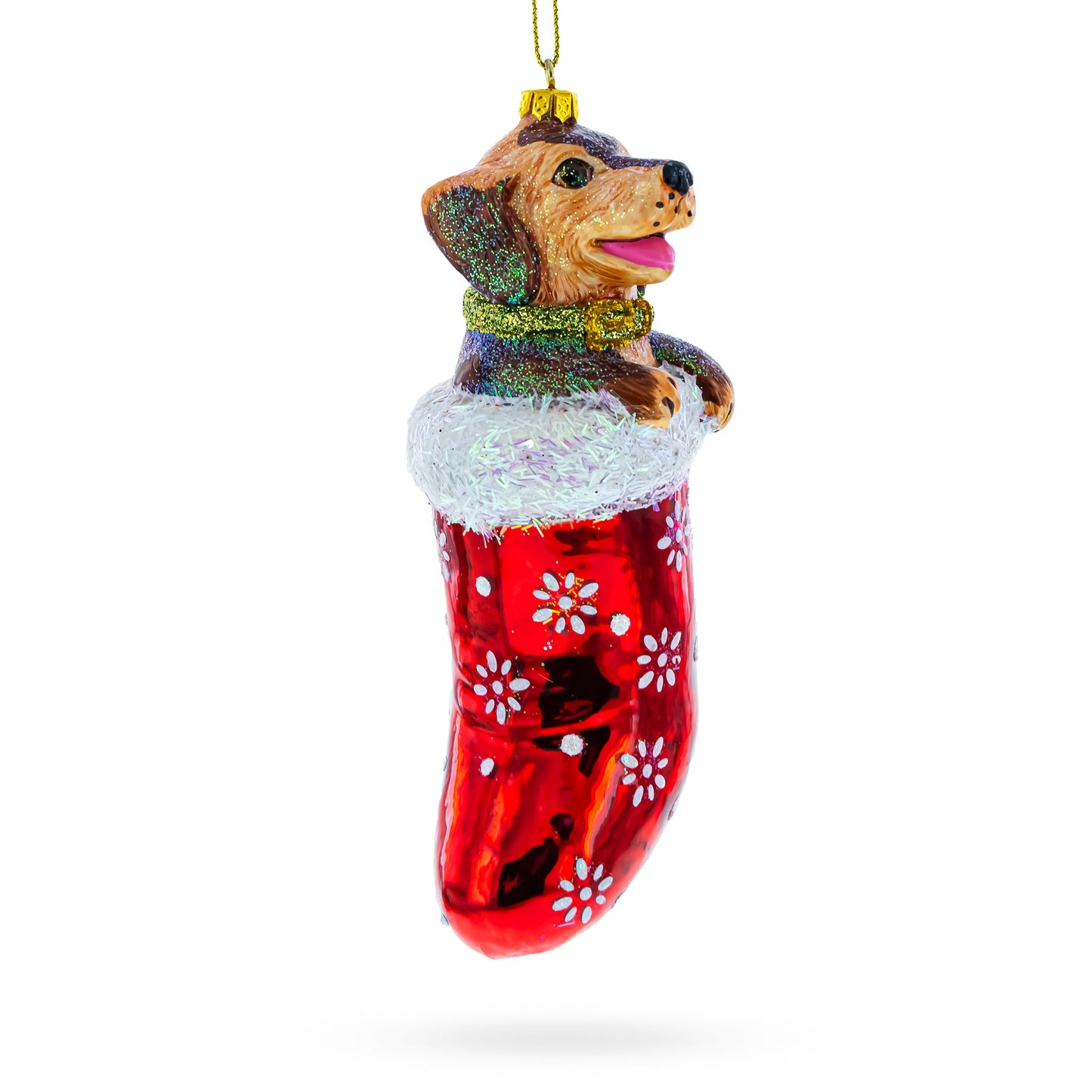 Puppy Nestled in Red Christmas Stocking Blown Glass Christmas Ornament