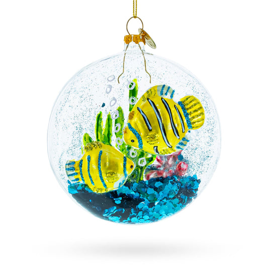 Yellow Fishes Inside Fish Tank Glass Christmas Ornament